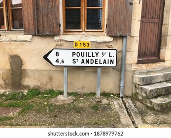 St Laurent L’Abbaie Nièvre France. December 20 2020. Typical French Road Sign Located In The Loire Valley Wine Region Near Pouilly Fume In The Nièvre Department.