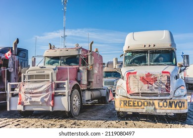 St Liboire, Quebec, Canada - January 28 2022. Many Truckers of the Freedom Convoy 2022 Ready to leave for Ottawa.