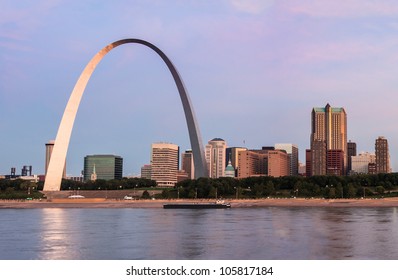 St Louis And The Arch From Across The Mississippi River At Sunrise