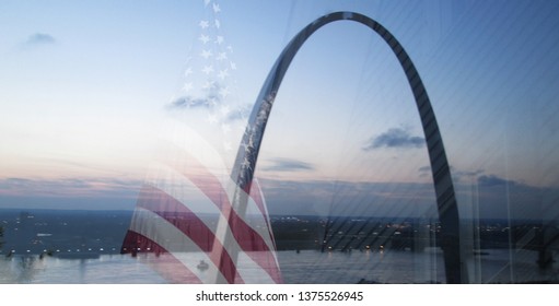 St. Louis Arch At Dawn-Mississippi River In The Background, With An American Flag And Home Photo Overlay.