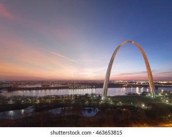 St Louis Gateway Arch Twilight Transition To Sunrise Aerial View