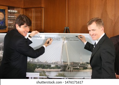 St Louis, MO, USA Feb 28, 2008. Illinois Governor Rod Blagojevich And Missouri Governor Matt Blunt Give Their Blessing To The Construction Of The Stan Musial Veterans Memorial Bridge.