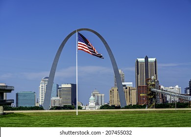 St. Louis Skyline Arch And American Flag