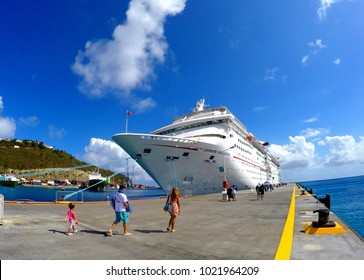 St Maarten, West Indies - May 5, 2017 - Carnival Fascination Cruise Ship Waiting For Passengers At The Dock