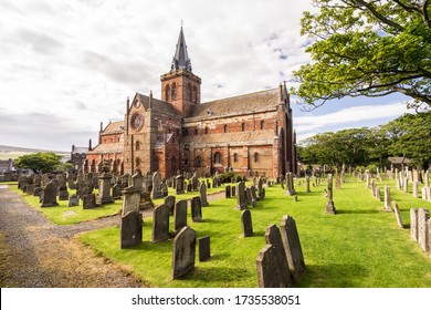 St Magnus Cathedral   surrounding gothic graveyard in Kirkwall  Orkney Islands  Scotland  The holy red sandstone architecture is part the church Scotland