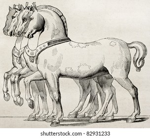St. Mark Basilica horses old illustration, Venice. By unidentified author, published on Magasin Pittoresque, Paris, 1840