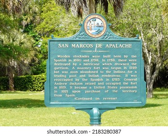 ST. MARKS, FLORIDA-APRIL 13, 2022: A Marker At San Marcos De Apalache Historic State Park Chronicles The History Of Stockades And Colonial Fort By Spanish, Native Americans, And The United States.