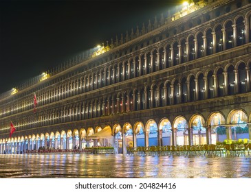 St. Marks Square At Christmas Time At Night In Venice, Italy