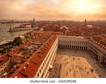 St. Mark's square at sunset, view from campanile tower, Venice, Italy