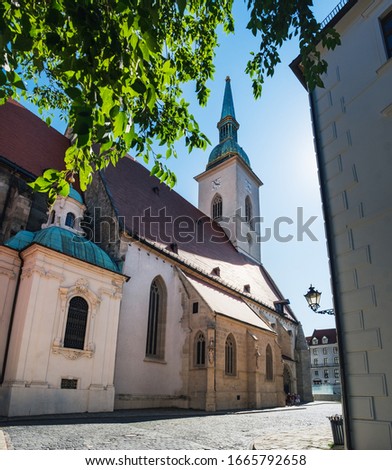 St Martin Cathedral in Old Town of Bratislava city, Slovakia, Slovak aged catholic Church under blue sky in summer