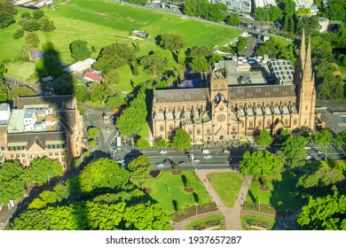 St Mary Cathedral And Hyde Park Aerial View In Sydney.