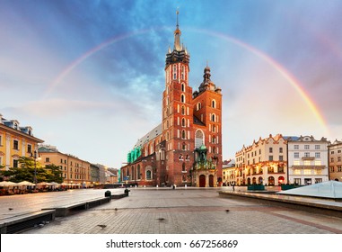 St. Mary's basilica in main square of Krakow with rainbow - Powered by Shutterstock