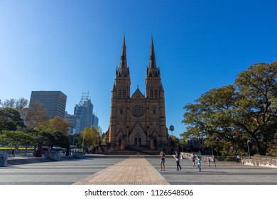 St Mary's Cathedral Is The Cathedral Church Of The Roman Catholic Archdiocese Of Sydney In Sunshine Day.Australia:08/04/2018