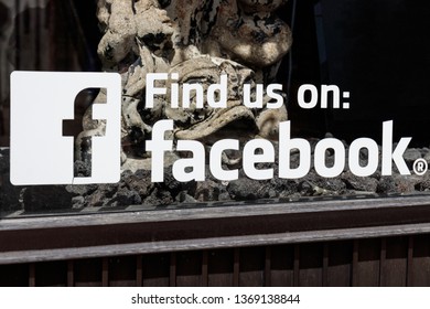 St. Marys - Circa April 2019: Find Us On Facebook Sign. Facebook Has Been Under Scrutiny For Their Data And Privacy Issues I