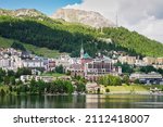 St. Moritz, high alpine resort town in the Engadine, Switzerland. Panorama townscape of Sankt Moritz with Lake St. Moritz in the Swiss canton of Graubünden, the Grisons.                               