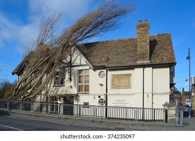 ST NEOTS, CAMBRIDGESHIRE, ENGLAND - FEBRUARY 09, 2016: The Bridge Tavern At St Neots With Fallen Tree On Roof Damage From Storm Imogen. 