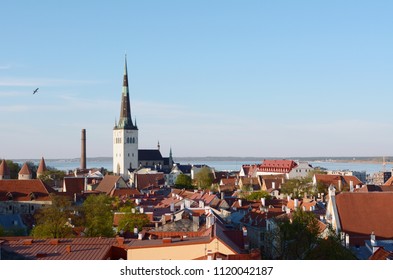 St Olaf's Church tower stands above the red tiled roofs of the Old Town of Tallinn, capital city of Estonia. Beyond the cityscape lies Tallinn Bay.