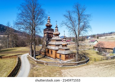 St. Paraskevi Wooden Church In Kwiatoń, Poland. Built In 17th Century. Originally An Eastern Orthodox Church (tserkva), Now A Roman Catholic Church. UNESCO World Heritage Site. Aerial View