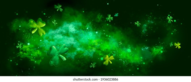 St. Patrick's Day abstract green background decorated with shamrock leaves. Patrick Day pub party celebrating. Abstract Beer art design magic backdrop. Widescreen clovers on black with copy space - Powered by Shutterstock