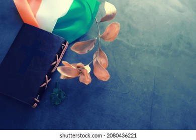 St. Patrick's Day Background. Religious Christian Irish Celebration. Four-leaf Clover Symbol Good Luck. 
