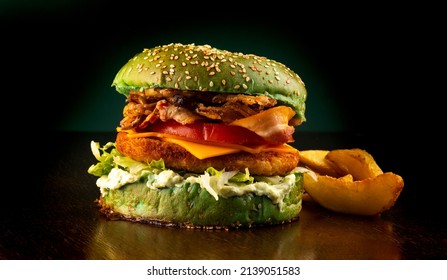 St Patricks Day - Crispy Chicken Bacon Burger With Green Bread And Potatoes
