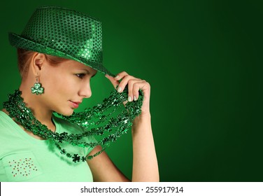 St Patrick's day Girl. Young woman wearing green hat 