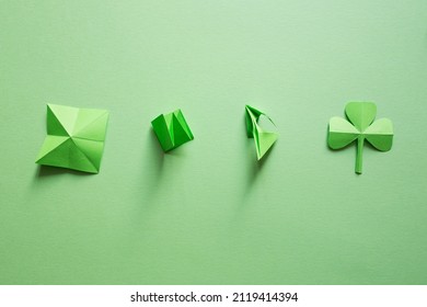 St. Patrick's Day. Green Background With Clover Leave Shamrock. Copy Space. Paper Craft. Step-by-step Instructions.