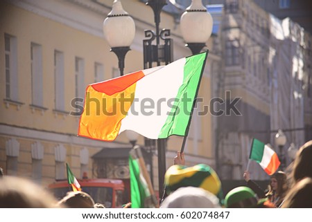 St. Patrick's day parade in Moscow (Arbat). Flag of Ireland