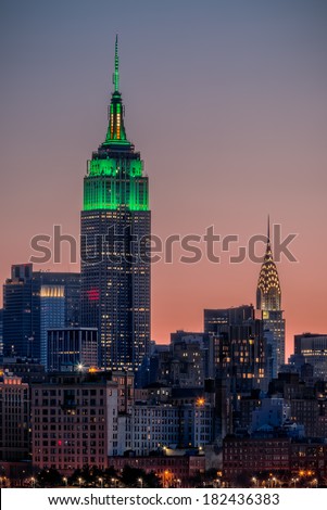 St Patrick's Day postcard. Empire State Building lit up in green for St Patrick's Day in New York City