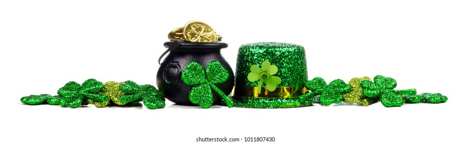 St Patricks Day Pot of Gold, shamrocks and leprechaun hat. Long border over a white background. - Powered by Shutterstock