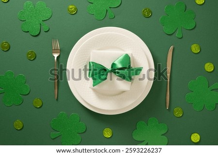 St Patrick's Day table setting with gift, white plate and clover leaf on green background. Festive dinner. Top view.