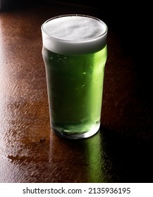 St Patricks Green Beer Pint Over Wooden Table