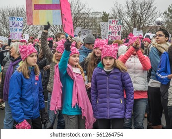 ST. PAUL, MINNESOTA - JANUARY 21, 2017: A Group Of Young Women In Pink Hats At The Women's March In St. Paul, Minnesota, On January, 21, 2017.