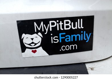 ST PAUL, MINNESOTA / USA - APRIL 18, 2016: Euphemistic Bumper Sticker Trying To Send The  Message That Pitbull Dogs Could Be Friendly Or Family. 