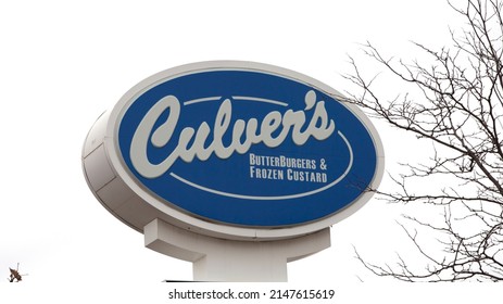 ST PAUL, MINNESOTA USA - APRIL 02, 2022: Blue Stand Alone Sign For Culver's Fast Food Restaurant.