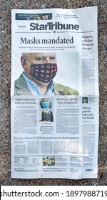 ST PAUL, MINNESOTA USA - AUGUST 29, 2020: Newspaper StarTribune Front Page With A Photograph Of The Governor Of Minnesota, Tim Walz Mandating Masks. 