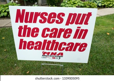 ST PAUL, MINNESOTA / USA - JULY 30, 2016: MNA Minnesota Nurses Association Lawn Sign Protesting Allina Health Healthcare Offer To Nurses. 