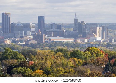 ST. PAUL, MN - FALL 2017 - A Telephoto Detail Shot Of The St Paul Skyline On A Cloudy Fall Day