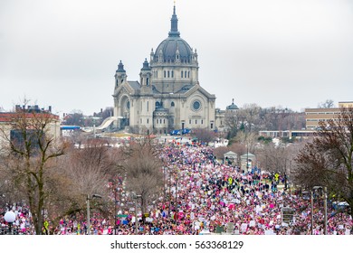 ST. PAUL, MN/USA - JANUARY 21, 2016: Unidentified particpants at the 2017 Women's March Minnesota. The Women's March represented the worldwide protest to protect women's rights and other causes.