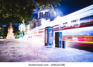 St Pauls Cathedral, London Night Bus  Light Trail. Long Exposure Black Phone Box.