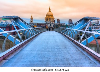 St. Pauls cathedral and Millennium Bridge, London, UK