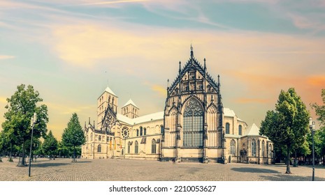 St. Paulus Cathedral Square, Domplatz On Sunset Background. Münster, North Rhine-Westphalia, Germany