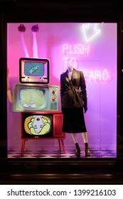 ST. PETERBURG, RUSSIA - SEPTEMBER 15, 2016: Creative Neon Show Window, Shop Window Of DLT (TSUM) Department Store In St. Petersburg City, Russia. Retro TV. Fashionable Show Window. Display. Marketing