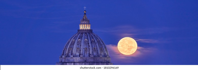 St Peter's Basilica Dome with Full Moon in the Background. Real View of the Moon Actually Passing Behind the Vatican in Rome. Easy to Crop for Editorial, Commercial, Personal Use