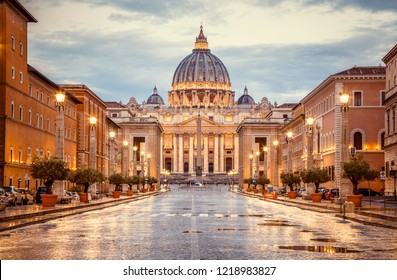 St. Peter's Basilica in the evening from Via della Conciliazione in Rome. Vatican City Rome Italy. Rome architecture and landmark.  St. Peter's cathedral in Rome. Italian Renaissance church.