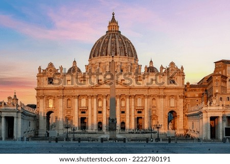 St. Peter's basilica on Saint Peter's square in Vatican at sunrise, center of Rome, Italy (translation 'In honor of prince of Apostles; Paul V Borghese, Pope, in year 1612 and 7th year of pontificate) [[stock_photo]] © 