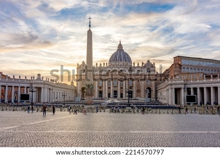 St. Peter's basilica on St. Peter's square in Vatican at sunset, center of Rome, Italy