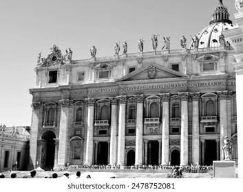 St. Peter's Basilica in St. Peter's Square, in the Vatican City in black and white - Powered by Shutterstock