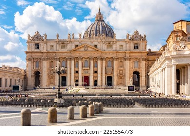 St. Peter's basilica in Vatican, center of Rome, Italy (translation "In honor of prince of Apostles; Paul V Borghese, Pope, in year 1612 and 7th year of his pontificate)