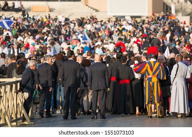 St. Peters Basilica, Vatican, Rome - October 2019: Swiss Guard With Security Staff With Crowd Of People In Vatican Before Arriving The Pope